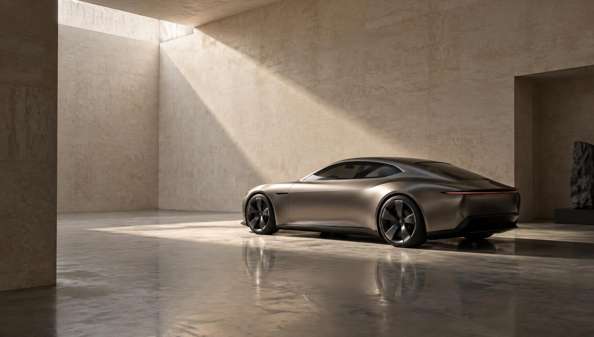 Concept vehicle study in brushed titanium inside a limestone gallery, lit by a single shaft of daylight
