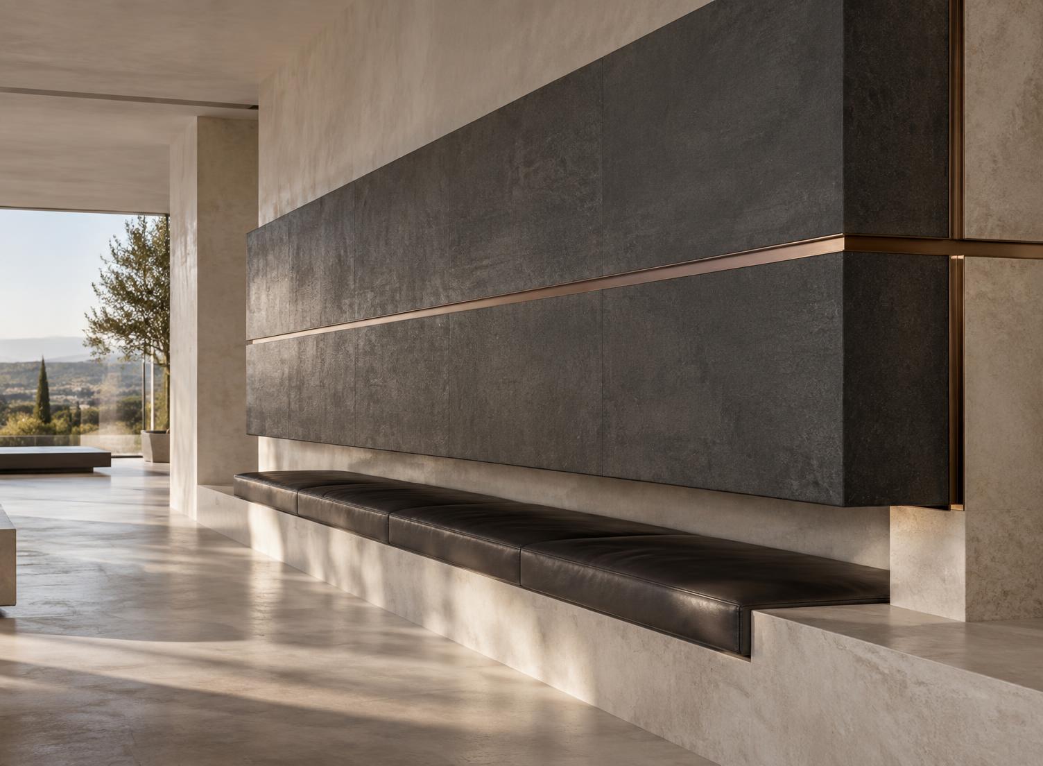 Architectural concept study of a dark wall and integrated seating with a continuous metal junction